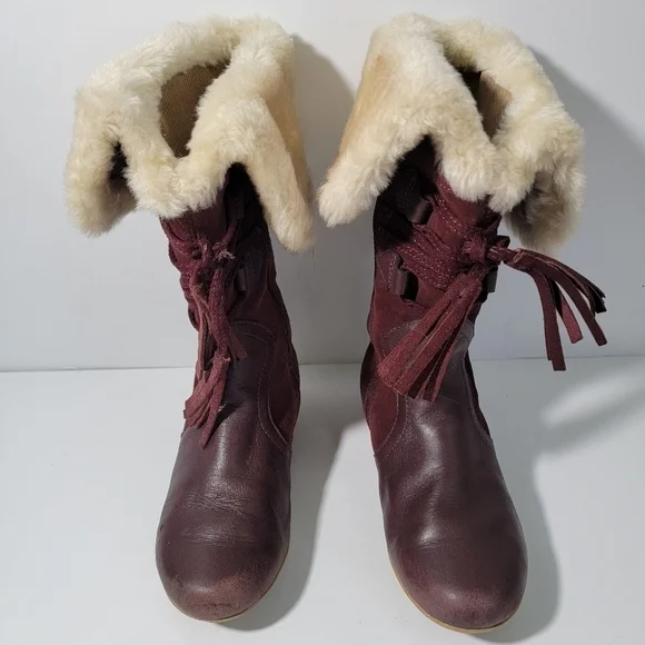 Clark Brown Leather With Faux Fur Trim Side Zip Lace Up Tassel Boots Girl 10.5 - Picture 2 of 12